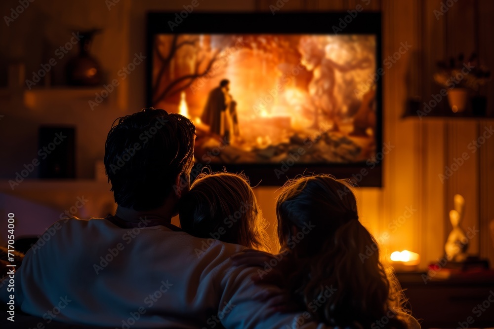 Fototapeta premium family watching tv together at home