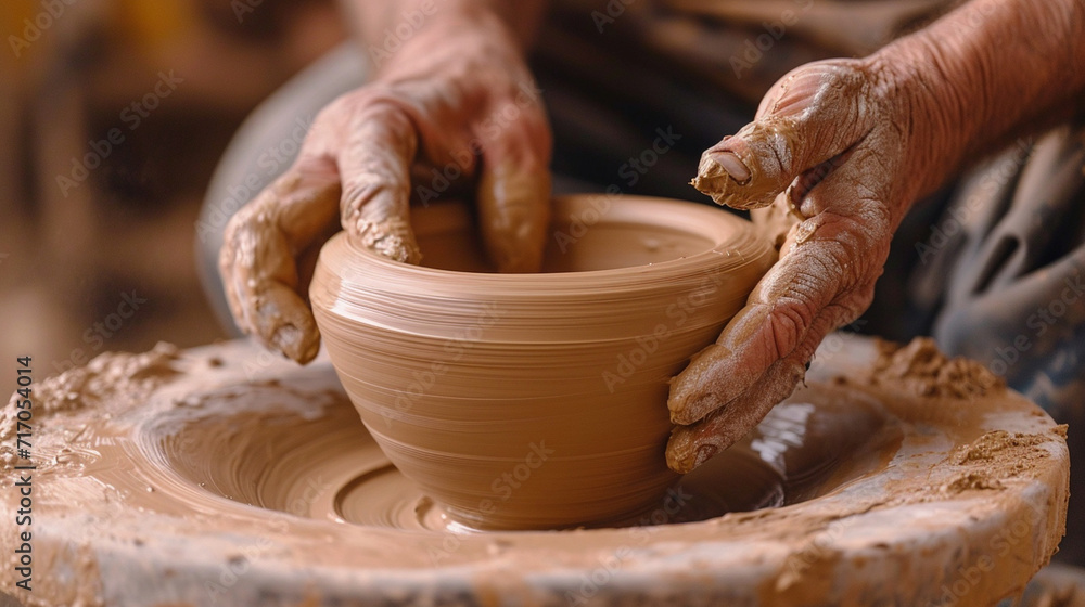 A Native American artist creating pottery, using traditional techniques and designs that reflect the heritage and artistic legacy of indigenous peoples.