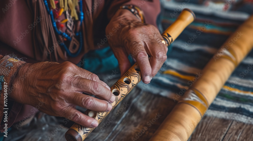 A Native American artisan crafting a traditional flute, the focused hands and artistic process capturing the meditative and spiritual aspects of indigenous music. - obrazy, fototapety, plakaty 