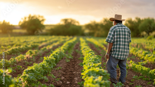 A Native American farmer tending to crops in a field, utilizing sustainable agricultural practices that have been passed down through generations, emphasizing the connection betwee photo