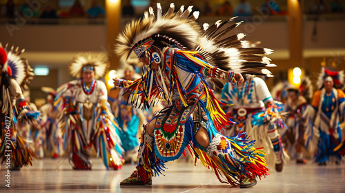 A modern Native American powwow showcasing a fusion of traditional and contemporary dance styles, with dynamic movements and colorful regalia celebrating the evolving nature of ind