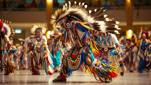 A modern Native American powwow showcasing a fusion of traditional and contemporary dance styles, with dynamic movements and colorful regalia celebrating the evolving nature of ind photo