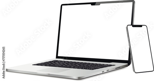 Laptop and cellphone with blank screen. Flat lay detailed and realistic devices mockup