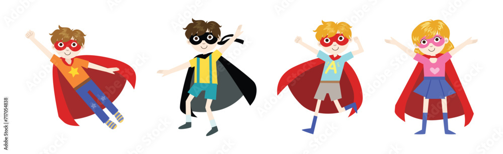 Cute Baby Kids Superhero Character in Cape Vector Set Cute Baby Kids Superhero Character in Cape Vector Set