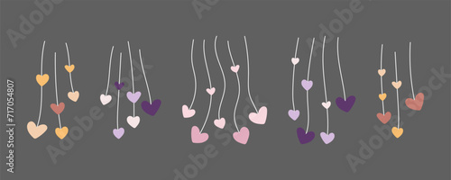 Cute hanging hearts. Love and Valentines day concept. Hand drawn hearts on lines. Trendy decorative elements for romantic template, greeting cards, stickers. Pastel boho baby hearts. Valentine's day