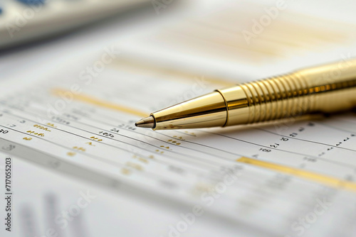 elegance of a close-up of a golden pen on financial documents, highlighting the precision and attention to detail in a minimalistic style