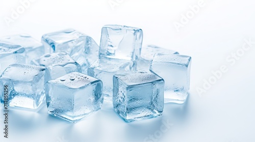 Chill vibes: Cold ice cubes on a white space, offering a refreshing visual treat.
