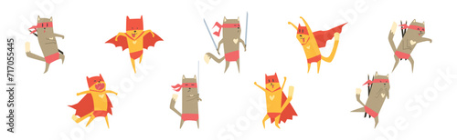 Funny Superhero Cat in Red Cape and Mask Vector Set