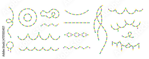 Set of Mardi Gras decorative elements - beads and bracelets, overhanging beaded jewelry. Festive vector illustrations isolated on white background, for holidays invitations. Beads and Throws.