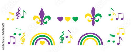 Mardi Gras carnival illustrations set, separate festive elements for festival, masquerade. Musical notes, symbol and sign fleur de lis. Shrove Tuesday, Fat Tuesday, celebration and march parade.