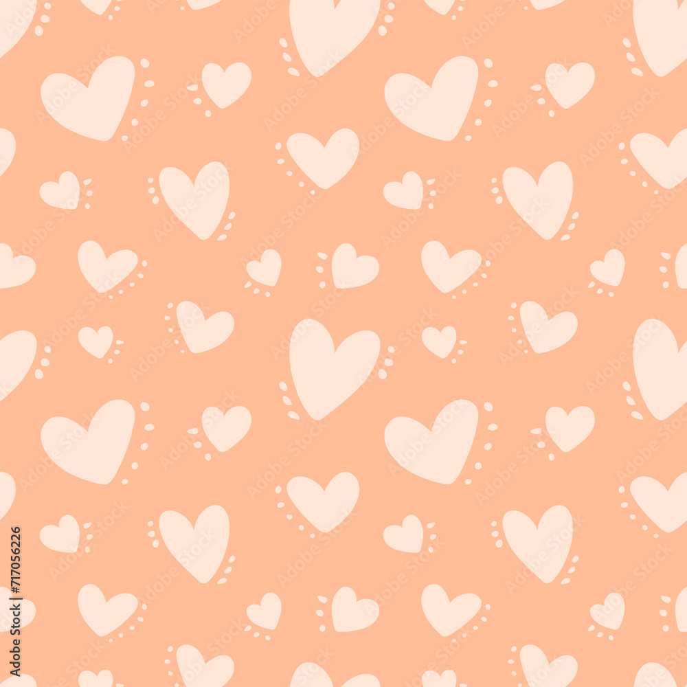 Cute baby peachy pattern with hearts and spots, dots, love texture, romantic print. Seamless pattern for Valentine's Day. for fabric, for textile, with cute hearts, simple hand drawn children's print.