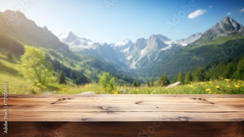  Nature s tabletop  Wooden table background with free space for your decoration  set against a blurred camping scene in the mountains