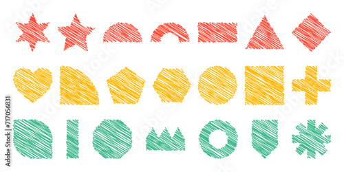 Set of doodle scribble colorful geometric shapes. Vector isolated elements on white background. Hand drawn scribble simple silhouette for trendy modern collages, for Black History Month