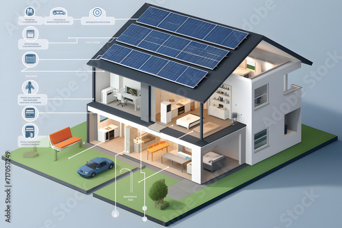 concept of a smart autonomous home with solar panels, stationary batteries for energy storage photo