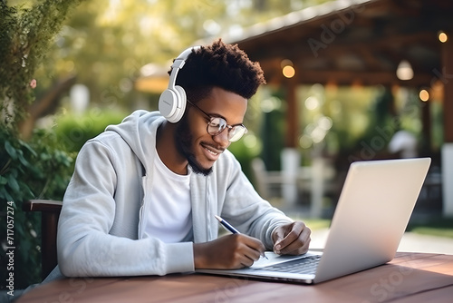 Young african american student engaged in learning with headphones and note-taking photo