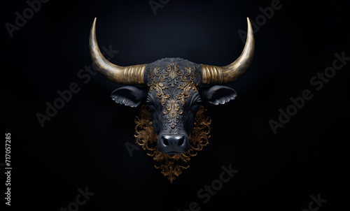 Skulptur eines Stier-Kopf aus Metall, mit Hörnern und goldenem Vintage-Muster verziert. Illustration vor dunklem Hintergrund
