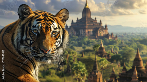 tiger in myanmar nature, temples in background, photorealistic