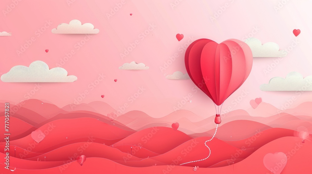 Valentine's day background with hot air balloon in paper art style