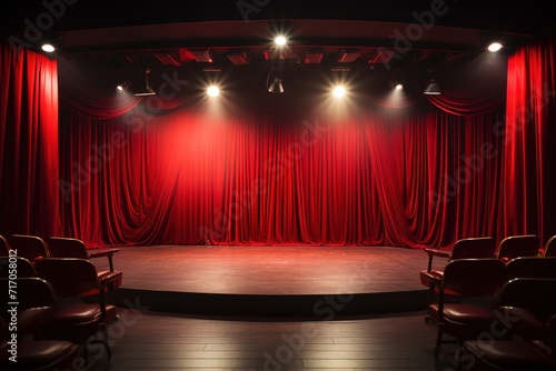 view of an empty stage of a theater or standup comedy club with red curtain photo