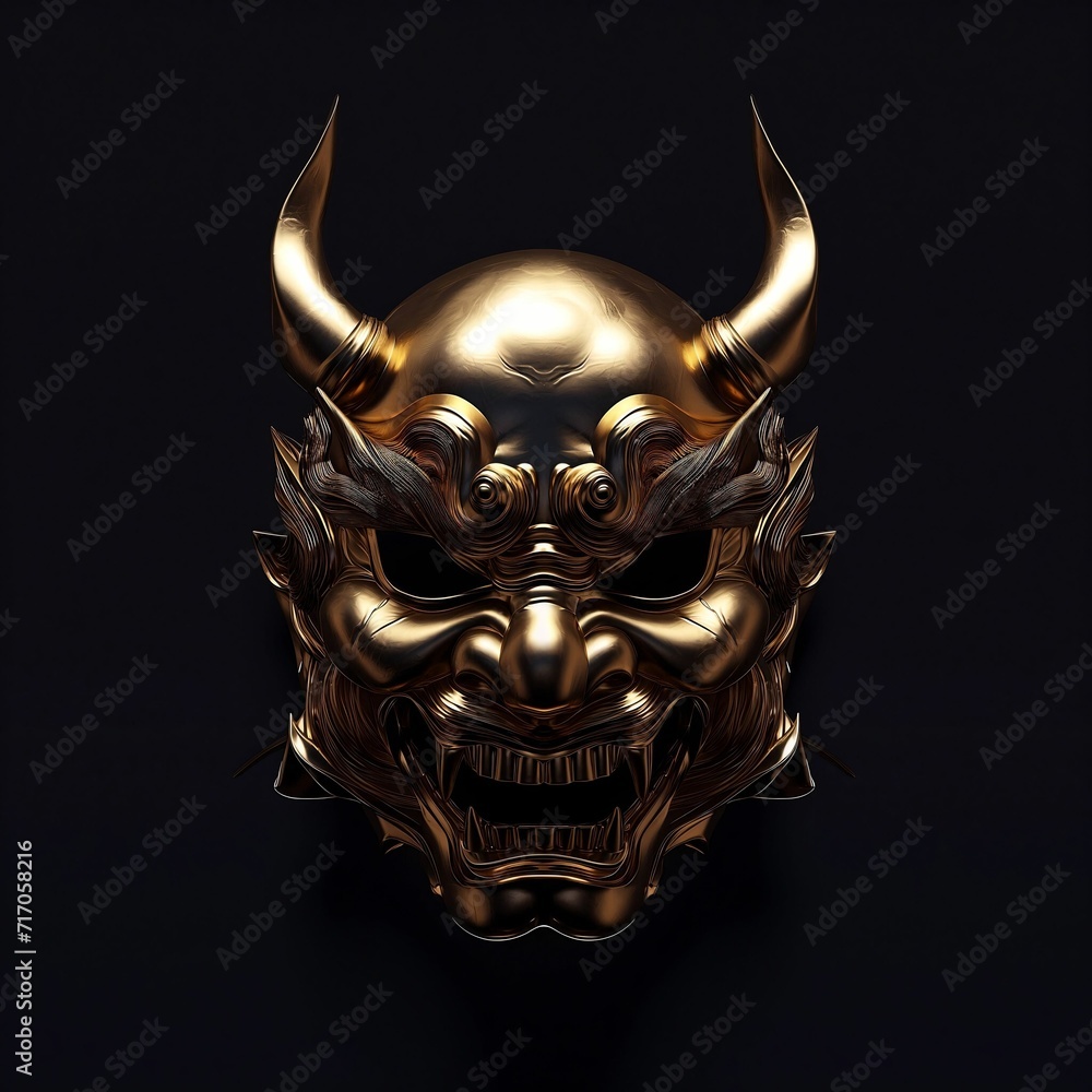 a golden Oni demon mask isolated on a black background a golden Oni demon mask isolated on a black background
