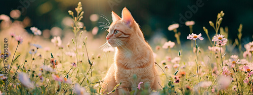 cat in a flower field. Selective focus. photo