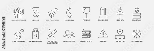 Packaging symbols. Standard and care pack. Logistics line icon set. Cargo or Transportation concept. Vector illustration