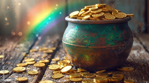 pot with gold coins and rainbow on the pot