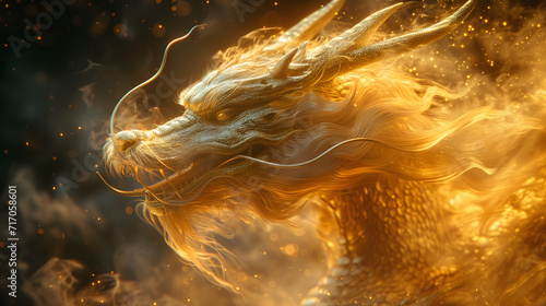 Chinese New Year seasonal social media background design with blank space for text. Close-up Chinese traditional dragon head made from smoke and floating in the air. Gold dragon on black background.