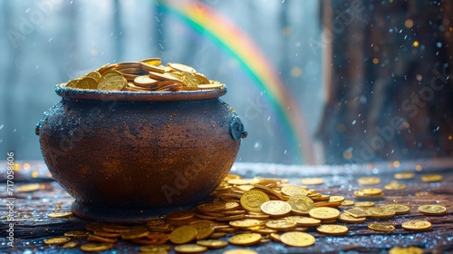 pot with gold coins and rainbow on the pot