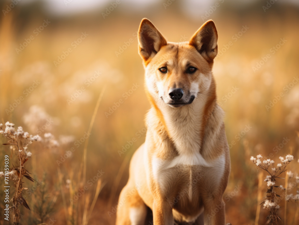 Loyal Dog Sitting Serenely in Sunlit Field