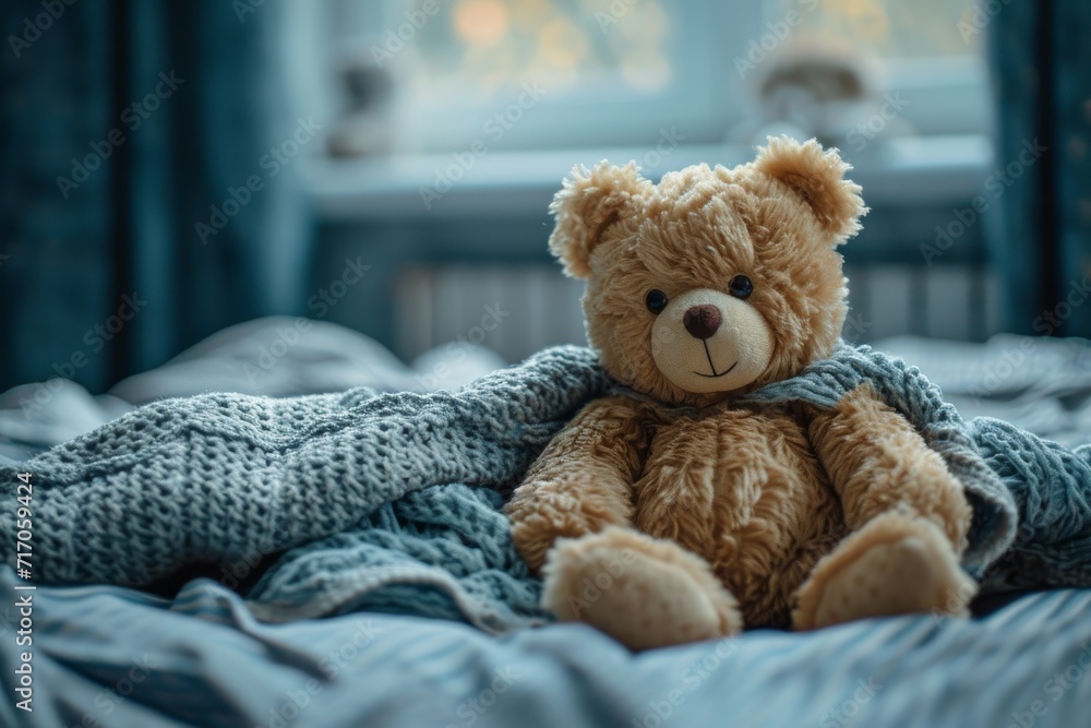 A cozy teddy bear snuggled in a soft blanket, ready for a restful night in its indoor bed