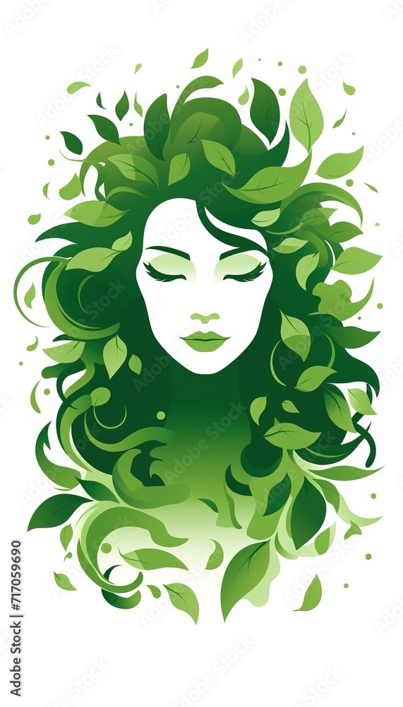 2d green woman with head made of leaves front close-up, A pose, on white background, flat design style minimal cartoon