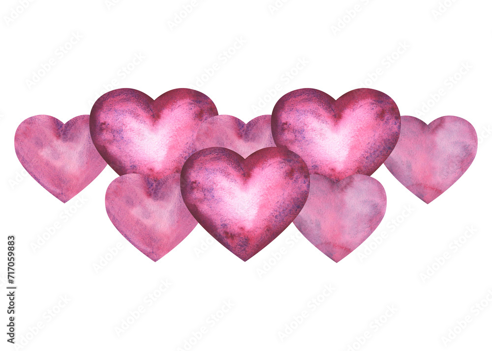 Simple watercolor pink blue lilac hearts for Happy Valentines Day card or t-shirt design. Romance, relationship and love. Heart illustration. Hand drawn style