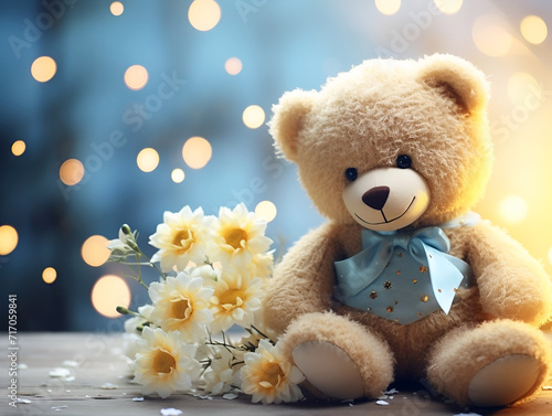 A cute teddy bear with a bow tie and flowers sits on the background of the side, creating a magical scene warming the hearth.