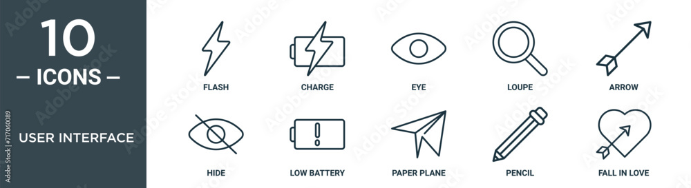 user interface outline icon set includes thin line flash, charge, eye ...