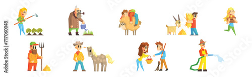 Funny Man and Woman Farmer Character Enjoy Horticulture and Agriculture Vector Set