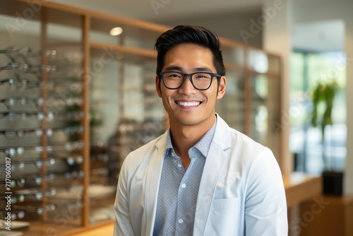 A young smiling Asian man wearing glasses at an optical store. Optician. Blurred background, modern design