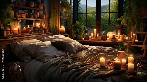 Interior of a cozy bedroom with a large window  a wooden bed and a green blanket.