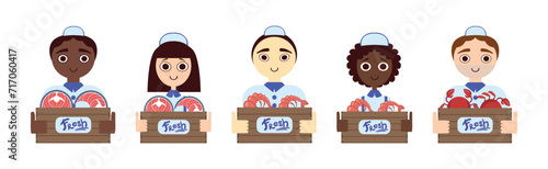 Seafood Market Design Flat Element with Man and Woman Sell Fresh Marine Product Vector Set.