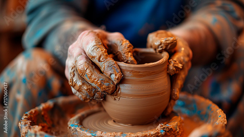 a potter makes products from clay. Selective focus.