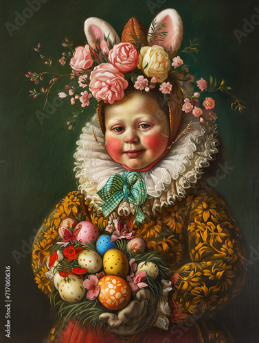 Child in Easter Bunny Costume with Eggs.
Portrait of a child dressed in a festive Easter bunny costume surrounded by colourful eggs.