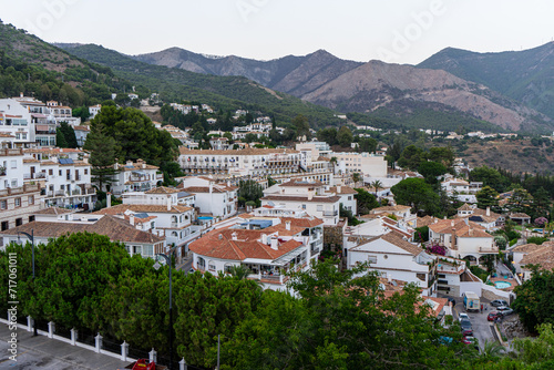 Panoramic night view of white houses in Mijas, Spain