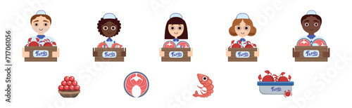 Seafood Market Design Flat Element with Fresh Marine Product and Seller Vector Set