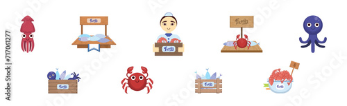 Seafood Market Design Flat Element with Fresh Marine Product and Seller Vector Set
