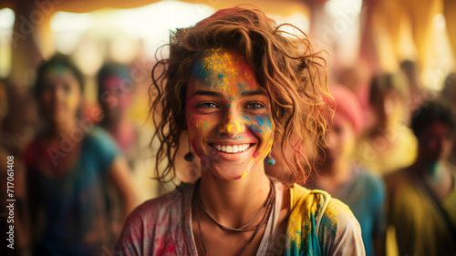 portrait of a woman with a colourful hair. portrait of a smiling happy young woman with holi color face, India festival © Oleksandra