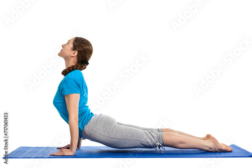 Yoga - young beautiful woman yoga instructor doing Upward Facing Dog Pose (Back Bend) (Urdhva Mukha Svanasana) asana exercise isolated on white background