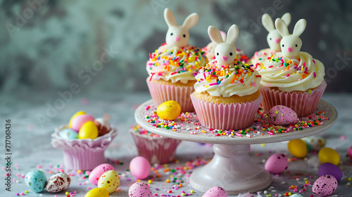 Easter cupcakes with bunny ears. Selective focus.