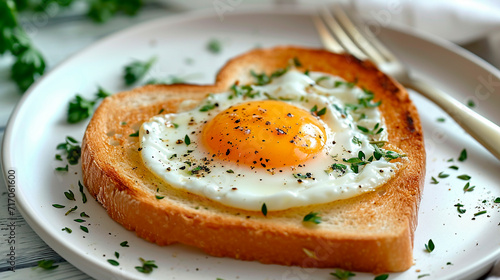 fried egg toast in the shape of a heart. Selective focus. photo