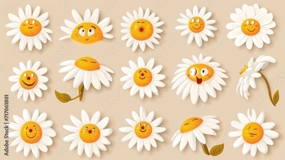Groovy daisy flowers face collection. Retro chamomile smiles in cartoon style Groovy daisy flowers face collection. Retro chamomile smiles in cartoon style