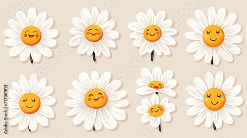 Groovy daisy flowers face collection. Retro chamomile smiles in cartoon style  © Chingiz